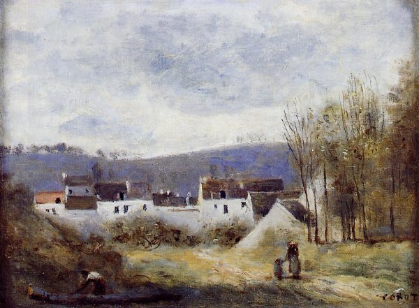 Village at the Foot of a Hill, Ile-de-France by Jean-Baptiste-Camille Corot - Hand-Painted Oil Painting Reproduction