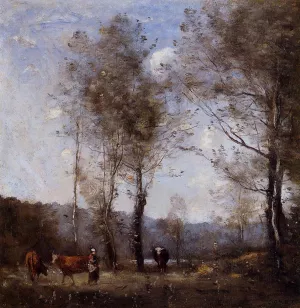 Ville d'Avray, Cowherd in a Clearing near a Pond by Jean-Baptiste-Camille Corot Oil Painting
