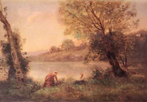Ville-D'avray - Paysanne Et Son Enfant Entre Deux Arbres Au Bord De L'etang by Jean-Baptiste-Camille Corot - Oil Painting Reproduction