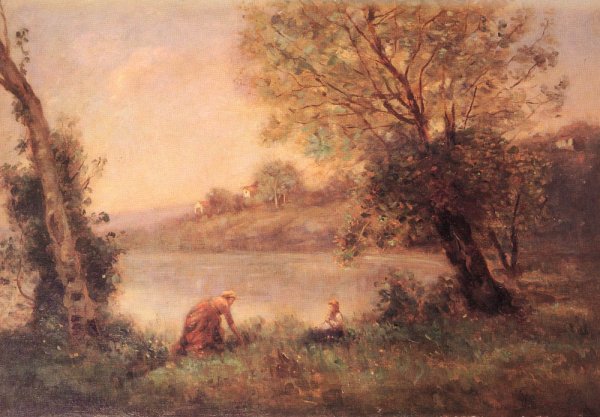 Main Product Photo of Ville-D'avray - Paysanne Et Son Enfant Entre Deux Arbres Au Bord De L'etang Painting by Jean-Baptiste-Camille Corot