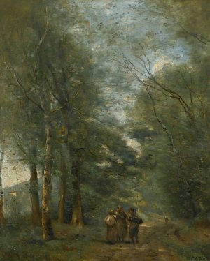 Ville D'avray. Paysans Causant Sur Le Chemin Longeant L'etang by Jean-Baptiste-Camille Corot Oil Painting