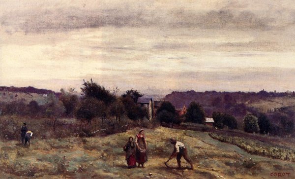 Ville d'Avray - the Heights: Peasants Working in a Field by Jean-Baptiste-Camille Corot - Hand-Painted Oil Painting Reproduction