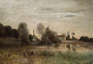Ville d'Avray, vachere a l'etang by Jean-Baptiste-Camille Corot Oil Painting
