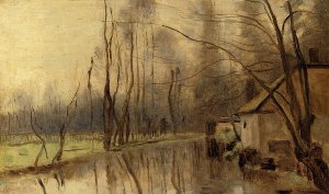 Voisinlieu, House by the Water by Jean-Baptiste-Camille Corot Oil Painting