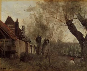 Willows and Farmhouses at Saint-Catherine-les Arras by Jean-Baptiste-Camille Corot Oil Painting