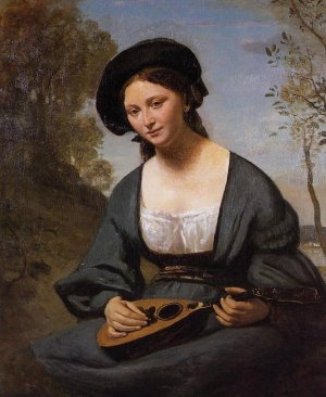 Woman in a Toque with a Mandolin by Jean-Baptiste-Camille Corot Oil Painting