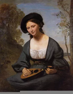 Woman in a Toque with a Mandolin by Jean-Baptiste-Camille Corot - Oil Painting Reproduction