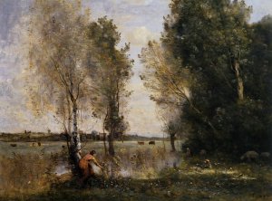 Woman Picking Flowers in a Pasture by Jean-Baptiste-Camille Corot Oil Painting