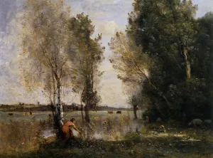 Woman Picking Flowers in a Pasture by Jean-Baptiste-Camille Corot Oil Painting