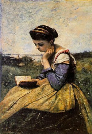 Woman Reading in a Landscape by Jean-Baptiste-Camille Corot Oil Painting