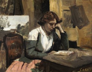 Woman Reading in the Studio by Jean-Baptiste-Camille Corot Oil Painting