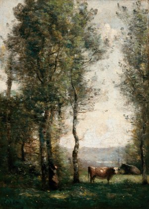 Wooded Landscape with Cows in a Clearing by Jean-Baptiste-Camille Corot Oil Painting