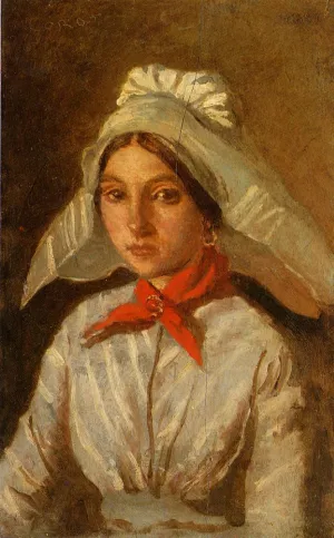 Young Girl with a Large Cap on Her Head by Jean-Baptiste-Camille Corot - Oil Painting Reproduction