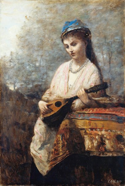 Young Girl with a Mandolin  by Jean-Baptiste-Camille Corot - Hand-Painted Oil Painting Reproduction