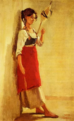 Young Italian Woman from Papigno with Her Spindle Oil painting by Jean-Baptiste-Camille Corot