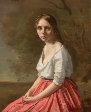 Young Woman In A Pink Skirt by Jean-Baptiste-Camille Corot Oil Painting