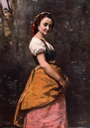 Young Woman in the Woods by Jean-Baptiste-Camille Corot Oil Painting