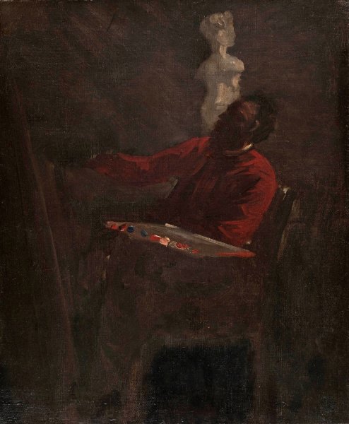Carpeaux en veston rouge peignant dans son atelier  by Jean-Baptiste Carpeaux - Hand-Painted Oil Painting Reproduction