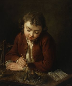 Boy feeding chicks by Jean-Baptiste Charpentier Oil Painting