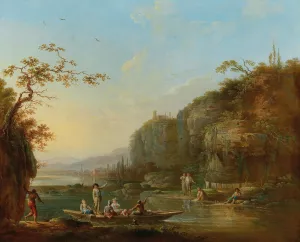 River landscapes with figures Oil painting by Jean Baptiste Claudot