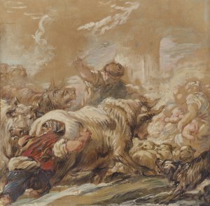 Herdsmen Driving Cattle Across A Stream by Jean-Baptiste Deshays Oil Painting