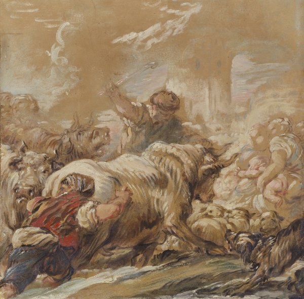 Herdsmen Driving Cattle Across A Stream  by Jean-Baptiste Deshays - Hand-Painted Oil Painting Reproduction