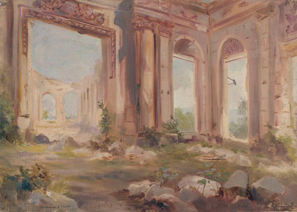 Le chateau de Saint-Cloud en ruines ; la salle des gardes  by Jean Baptiste Edmond Allouard - Hand-Painted Oil Painting Reproduction