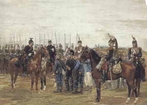 A French Cavalry Officer Guarding Captured Bavarian Soldiers painting by Jean Baptiste Edouard Detaille