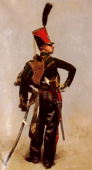 A Rank Soldier of the 7th Hussar Regiment Oil painting by Jean Baptiste Edouard Detaille