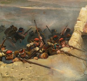 Embusques Derriere Un Mur. Fantassins De La Ligne; A Fragment From The Panorama Of The Battle Of Champigny by Jean-Baptiste Edouard Detaille Oil Painting