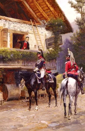 Officers from a Cuirassier Regiment in front of a Country House painting by Jean Baptiste Edouard Detaille