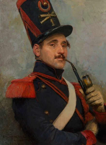 Self-portrait wearing French horse artillery enlisted men's uniform by Jean-Baptiste Edouard Detaille - Hand-Painted Oil Painting Reproduction