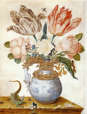Flowers in an Ornamental Vase, A Lizard Beside It