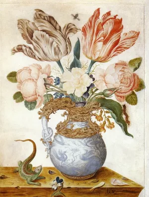 Flowers in an Ornamental Vase, A Lizard Beside It Oil painting by Jean-Baptiste Fornenburgh