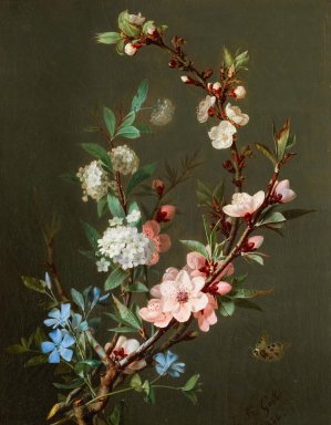 A Still Life With Branches Of Cherry Blossom, Periwinkle And Viburnum Together With A Butterfly by Jean-Baptiste Gallet Oil Painting