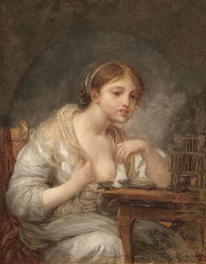 A Young Woman With a Birdcage by Jean-Baptiste Greuze Oil Painting