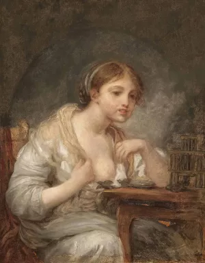 A Young Woman With a Birdcage by Jean-Baptiste Greuze Oil Painting