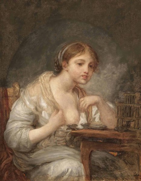 A Young Woman With a Birdcage by Jean-Baptiste Greuze - Hand-Painted Oil Painting Reproduction