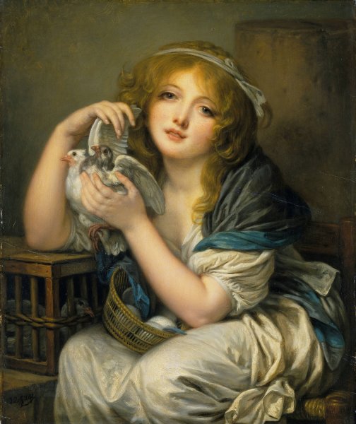 Main Product Photo of Woman with Doves  Painting by Jean-Baptiste Greuze