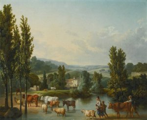 A Shepherd And His Family With Their Livestock Fording A Stream In An Extensive Landscape by Jean-Baptiste Huet Oil Painting