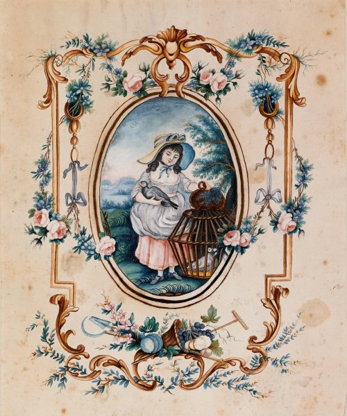 Main Product Photo of Girl with Birds in Wicker Cage Painting by Jean-Baptiste Huet