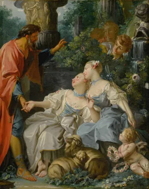 Two shepherdesses in a garden speaking to a shepherd, a putto below and three young men behind them by Jean-Baptiste Huet Oil Painting