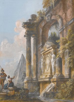 A View Of The Pyramid Of Caius Cestius And Ancient Ruins With A Soldier And Young Lady In The Foreground by Jean-Baptiste Lallemand Oil Painting