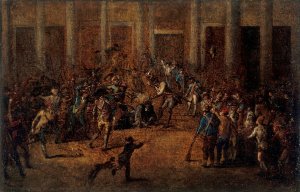 La mort de Flesselles, prevot des marchands, devant l'Hotel de Ville, le 14 juillet 1789, actuel 4eme arrondissement. by Jean-Baptiste Lallemand Oil Painting