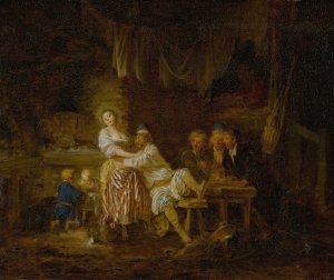 A group of figures gathered in a tavern, with a barmaid and lustful patron at center by Jean-Baptiste Leprince Oil Painting