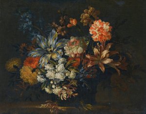 A Still Life Of Lillies, Honeysuckle And Other Flowers In A Vase On A Ledge by Jean-Baptiste Monnoyer Oil Painting