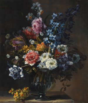 A Still Life With Tulips, A Hyacinth And Other Flowers In A Glass Vase On A Stone Plinth by Jean-Baptiste Monnoyer Oil Painting
