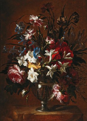 Carnations, roses, lilies and other flowers in a vase on a ledge by Jean-Baptiste Monnoyer Oil Painting
