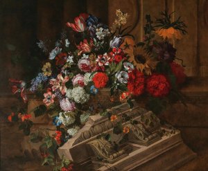 Flowers near a classical cornice on a terrace by Jean-Baptiste Monnoyer Oil Painting