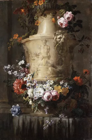 Marble Vase with Garland of Flowers by Jean-Baptiste Monnoyer Oil Painting